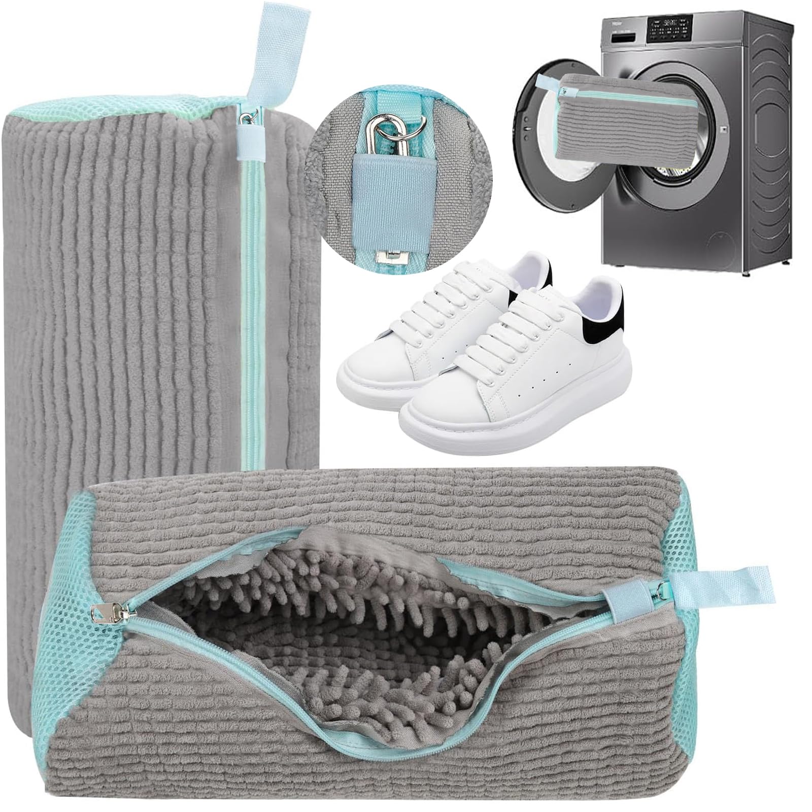 2Pcs Shoe Washing Bags for Machine - 40x20cm Premium Laundry Bags with Military Zipper | Wash Trainers, Sneakers, Bras, Delicates | Durable Oxford Fabric, Shock Absorbing, Grey