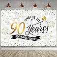 Blulu Happy 90th Birthday Backdrop Background Banner Large Men Women 90th Anniversary Backdrop Photo 90 Years Banner for 90th Birthday Party Decorations Supplies 72.8 x 43.3 inch