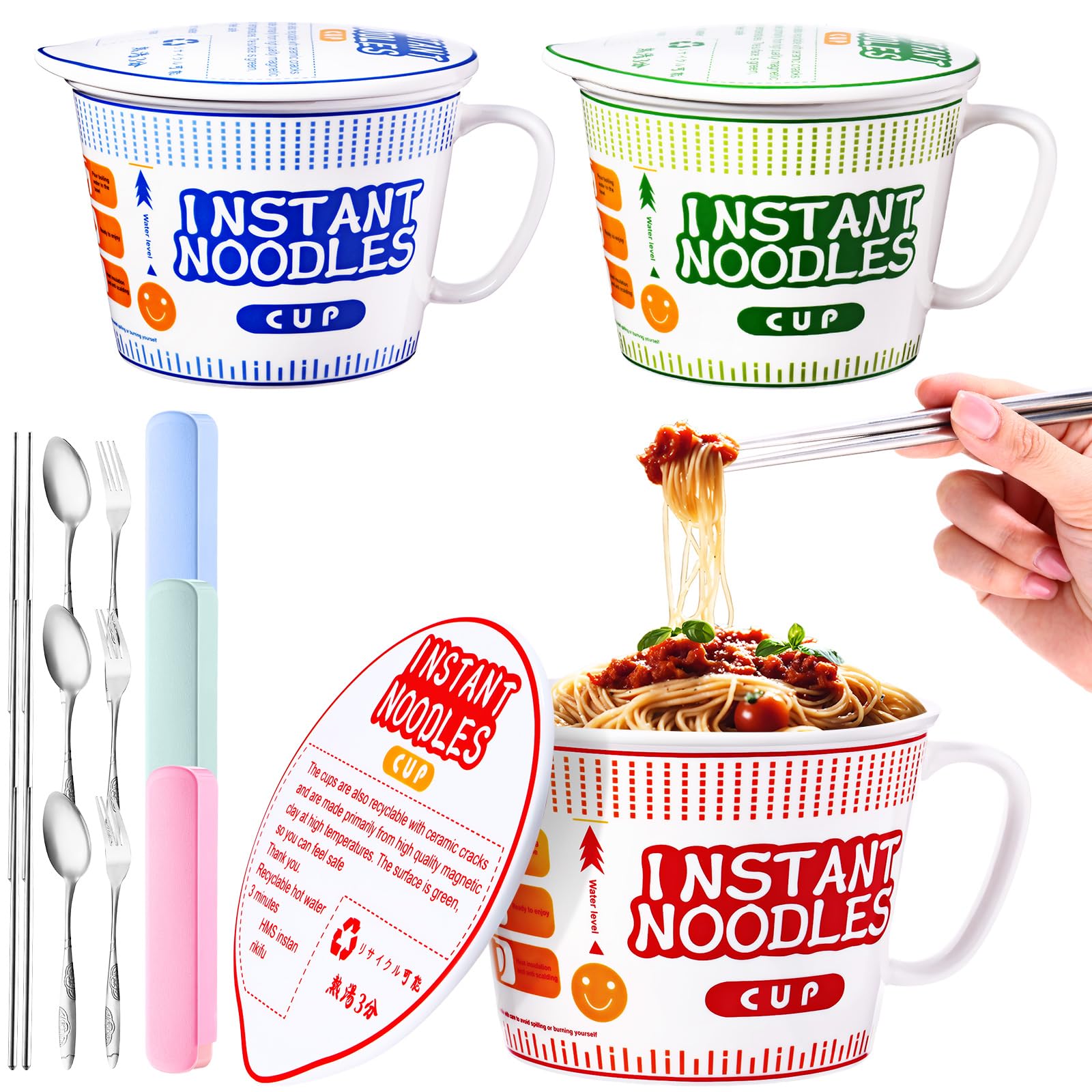 Photo 1 of Maxcheck 6 Pcs Japanese Ramen Bowl Set Includes 3 Pcs Instant Noodle Bowl with Lid Microwave Ramen Noodles Cup Holder 3 Pcs Silverware Set Flatware Sets for Home Office College Dorm Room (39 oz)