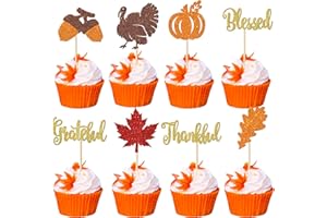 YCTHUNFISH 32 Pack Thankful Cupcake Toppers Glitter Thank You Cupcake Picks Autumn Fall Maple Leave Pumpkin Turkey Cupcake Decorations Thanksgiving Day Birthday Cake Decorations Colorful