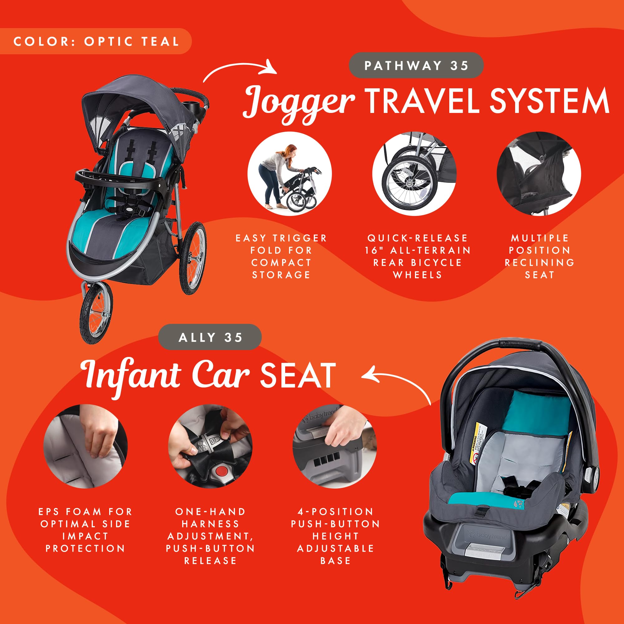 Baby Trend Pathway Jogger Travel System with Ally? Infant Car Seat, Optic Teal