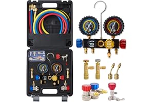 WISSCOOL AC Gauge Set R410a R134a R22, Automotive 4 Valve AC Manifold Gauge with 5ft Hoses, Quick Couplers, Adapters, Puncturing Can Tap Tools for R410a Refrigerants Charging and Evacuation