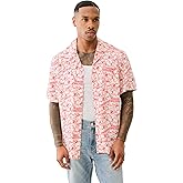 True Religion Men's Camp Collar Shirt - Red/Blue/Natural | Short Sleeve Fit Button-Up