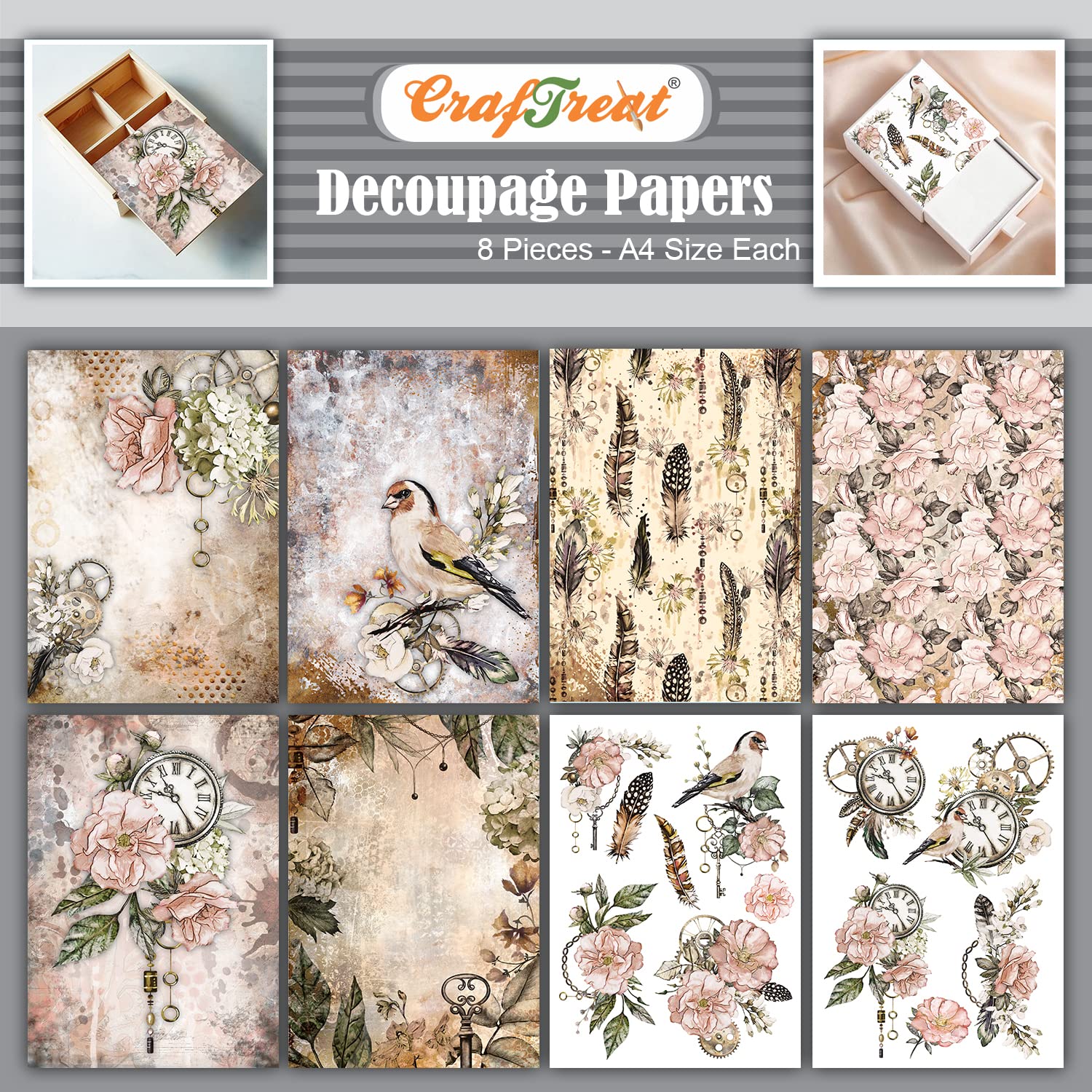 CrafTreat Reusable Steampunk Decoupage Paper for Furniture and Crafts - Floral Vintage Birds Rose Design - A4 Size (8.3 x 11.7 Inch) - 8 Pieces