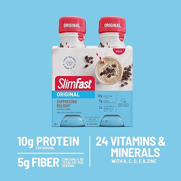 SLIMFAST MEAL REPLACEMENT SHAKE, ORIGINAL CAPPUCCINO DELIGHT, 10G OF READY TO DRINK PROTEIN FOR WEIGHT LOSS, 11 FL. OZ BOTTLE, 4 COUNT (PACKAGING MAY VARY)