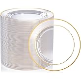 FOCUSLINE 7 Inch Small Clear Gold Plastic Plates 100 Count, Disposable Heavy Duty Clear Plates with Gold Rim, Premium Hard Plastic Plate Fancy Disposable Salad Plate for Wedding Parties