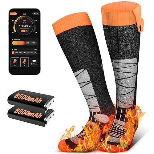 Heated Socks for Men Women with App Control, 8500mAh Battery Rechargeable Electric Work Up to 13 Hours 4 Heat Settings Washable Winter Warm Feet and Outdoor for Hunting Skiing Cycling Camping