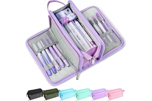 Sooez Large Pencil Case, Big Capacity Pencil Pouch Pen Bag with 3 Compartment, Portable Canvas Stationery Organizer with Zipper, Cute Aesthetic School Supplies for Teen Girls, Purple with Plaid