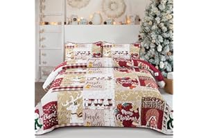 Xruibed Christmas Quilt Set Queen Xmas Patchwork Pattern Quilt Coverlet Set Jingle Bells Elks Bedspread with 2 Pillow Shams L