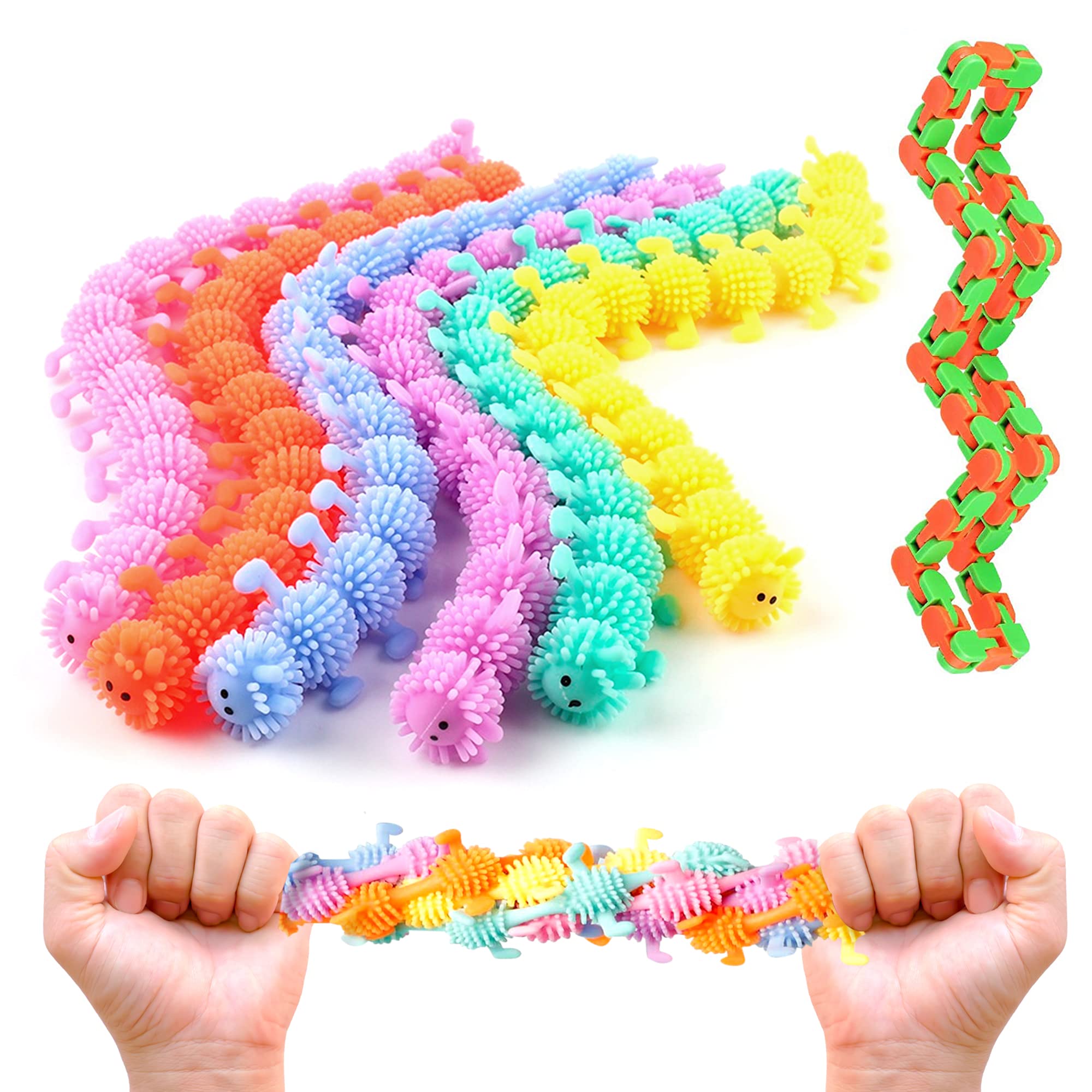 Caterpillar Sensory Squeeze Toys Set - 6-Pack Fidget Stress-Relief Strings with 48 Links Wacky Track – Colorful Caterpillar Textured Strings for Better Focus