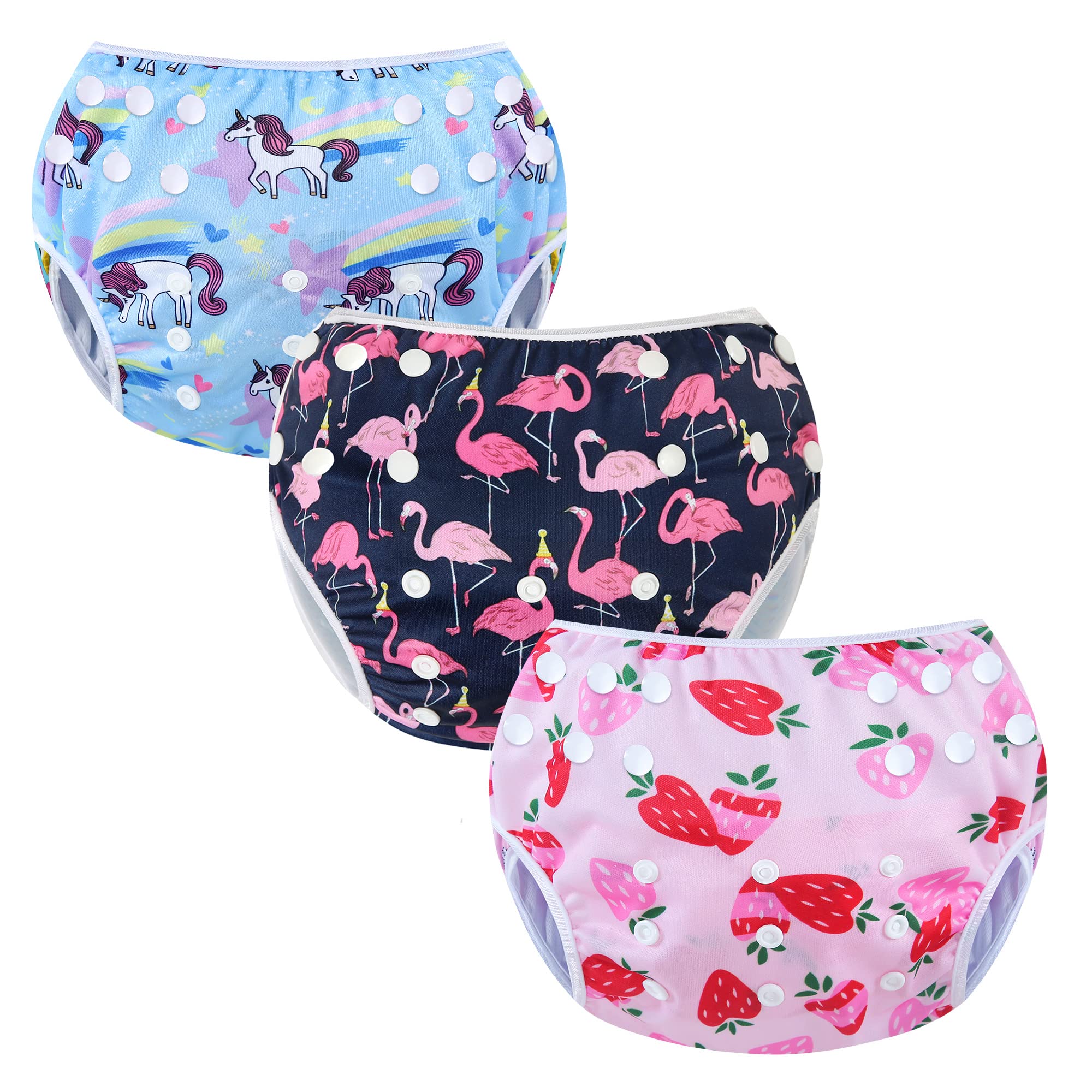 Codkkre Swimming Nappy Reusable Swim Baby Nappies Adjustable Size Washable Pack of 3 Nappies for Swimming Lessons 0-3 Years(Flamingo+Unicorn+Strawberry)