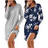 Ekouaer Women's 2 Pack Sleepshirt Dress Comfortable Nightshirt Nightgown Long Sleeve Button Down Sleepwear