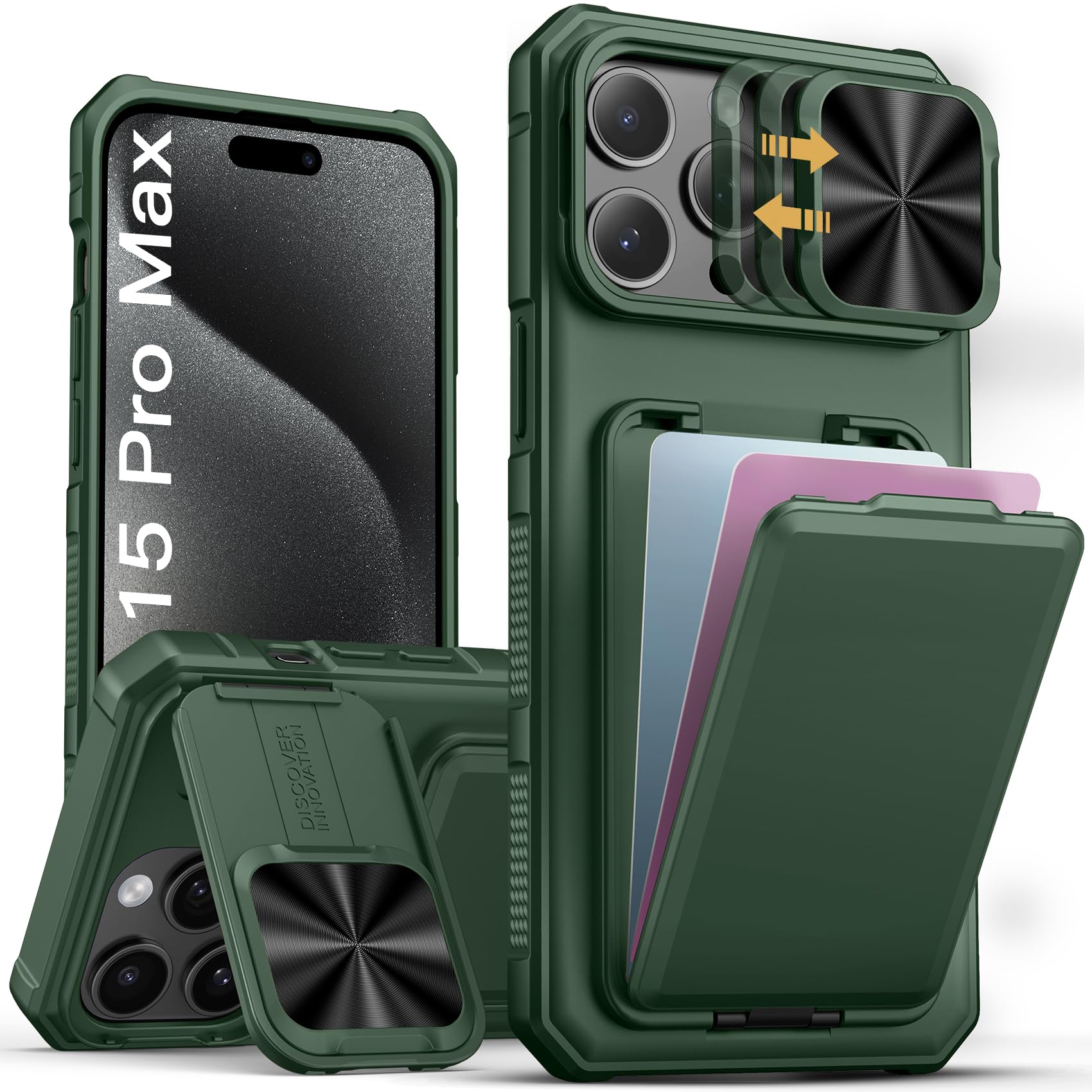 SSLOTSCASE for iPhone 15 Pro Max Case with Card Holder & Camera Cover Stand & Slide Lens Cover & Wallet, Men Women Sturdy Stylish Multifunctional Phone Case Cover for iPhone 15 Pro Max 6.7'', Green