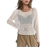 Milumia Women's Crochet Sheer Long Sleeve Tops Knit Mesh Coverup Party Rave Top Tee