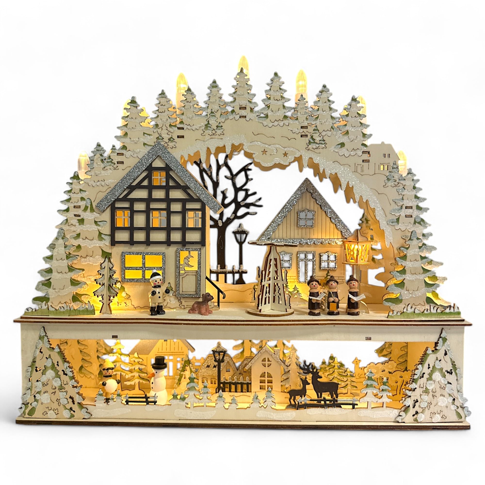 Wichtelstube-Kollektion LED Schwibbogen Fachwerkhaus Kurrenden vor Weihnachtspyramide Lichterbogen Weihnachten Schwippbogen mit Podest Holz Weihnachtsdeko