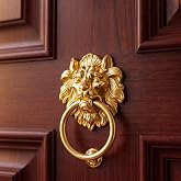Vintage Solid Brass Lion Head Door Knocker, 6.8" Antique Gold Gate Ring | Adjustable Screw for Pull Door up to 4.7" Thick, Doorknocker for Front Gate Housewarming Home Exterior Hardware Home Decor