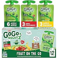 GoGo squeeZ Fruit on the Go Variety Pack, Apple, Banana & Strawberry, 3.2 oz (Pack of 12), Unsweetened Fruit Snacks for Kids,