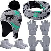 Baby Winter Hat Scarf Gloves Socks Set Dinosaur Pompom Beanie Hat Earflaps Caps with Fleece Lining Knitted Warm Mittens Scarf Toddler Socks for Boy Girl 1-3T