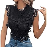 aromm Women's Hollowed Lace Blouse Soft Sleeveless Ruffle Trim Elegant Summer Shirt Tops