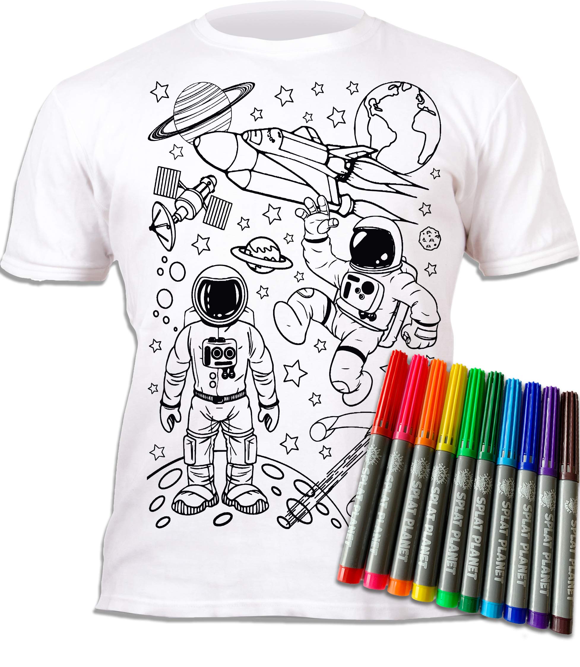 Splat Planet Astronaut and Space Rocket Coloring T-Shirt with 10 Washable Markers - Reusable Coloring T-Shirt for Kids, Birthday Gift (Ages 12-13) White