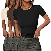 Ekouaer Women Short Sleeve Shirts Lightweight Basic Tops Ribbed Knit Outfit Tees Crew Neck T-Shirts Work Out Blouse