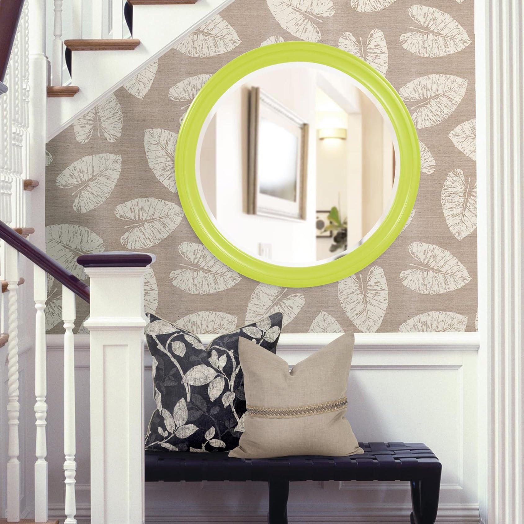 Howard Elliott George Round Glossy Green Wall Mirror, Bevelled Vintage Hanging Wood Framed Vanity Mirrors for Home Decor, Living Room, Bathroom, Bedroom, or Hallway, 36 Inch Round Image Howard Elliott George Round Glossy Green Wall Mirror, Bevelled Vintage Hanging Wood Framed Vanity Mirrors for Home Decor, Living Room, Bathroom, Bedroom, or Hallway, 36 Inch Round Image