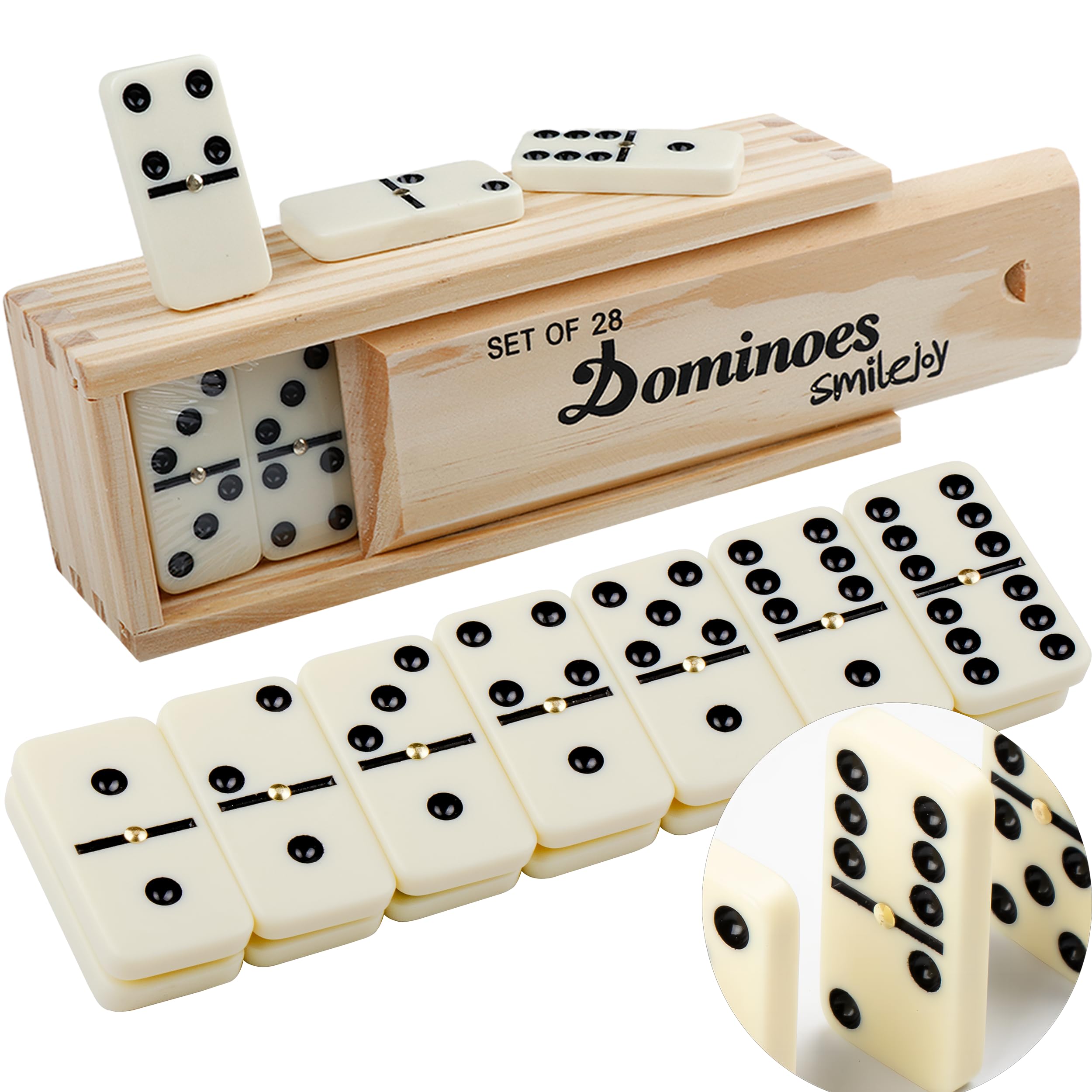 Smilejoy Dominoes Set for Adults, Double 6 Travel Domino Set | Traditional Double Six Domino Game | 28 Retro Dominos Pieces with Natural Wood Box (2-4 Players)