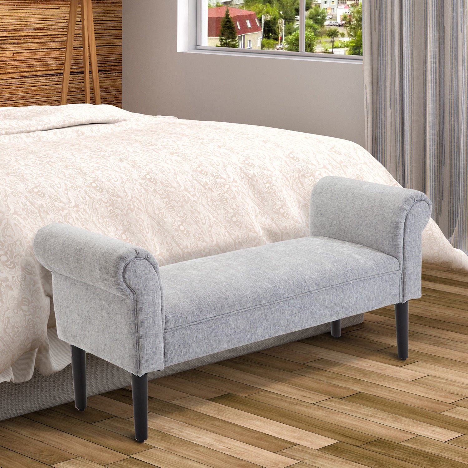 HOMCOM 52" Linen Upholstered Accent Ottoman Bench with Armrests, Light Grey