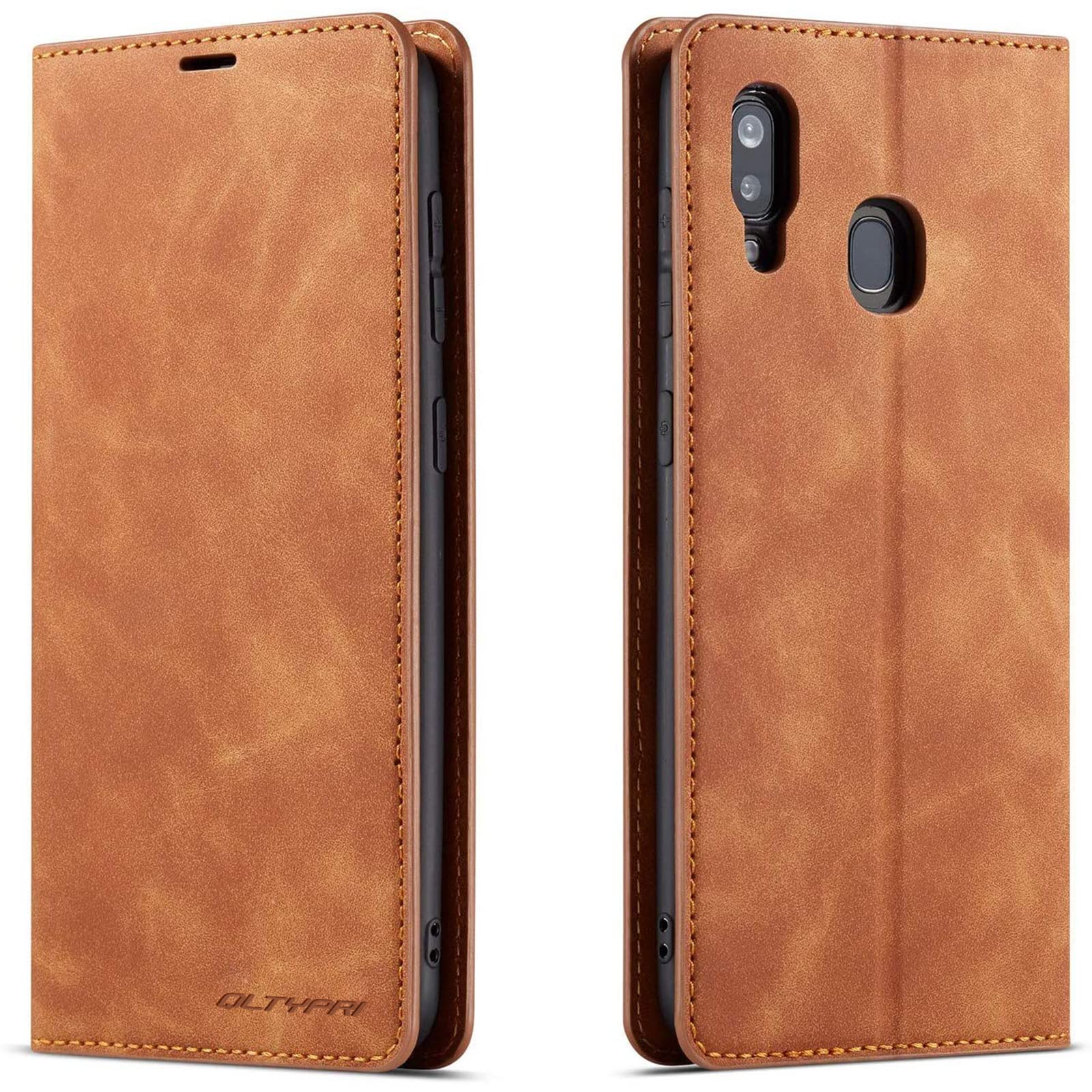 QLTYPRI Case for Samsung Galaxy A20E, Premium PU Leather Cover TPU Bumper with Card Holder Kickstand Hidden Magnetic Adsorption Flip Wallet Case Cover for Samsung Galaxy A20E - Brown