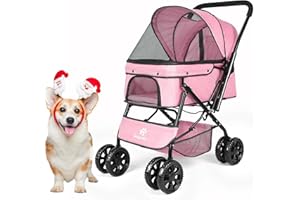 Wedyvko Medium Dog Stroller 50lb - Pets Stroller for Medium Dogs with Reversible Handlebar, 360 Front Wheel, Foot Brake, Wide Mesh Canopy, 2 Security Leashes, Cup Holder, Storage Basket, Pink