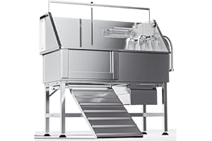Tzechkii 46" Dog Washing Station for Home, Professional Stainless Steel Dog Bathing Station, Height Adjustable Dog Grooming Tub, Storage Drawer, Upgrade Parts (Left Ramp)