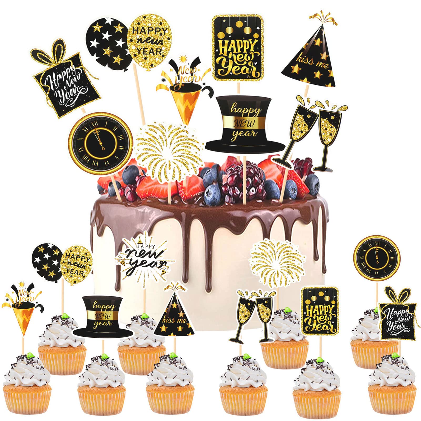 HOWAF 20 PCS New Years Eve Decorations 2026 Cupcake Toppers, Happy New Year Cupcake Toppers Picks Dessert Cake Topper Black Gold for NYE Party Decorations 2026