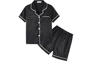 Hupohoi Unisex Kids Boys and Girls Pajama Sets Summer Short Sleeve With Shorts Sleepwear Satin Button Down Loungewear