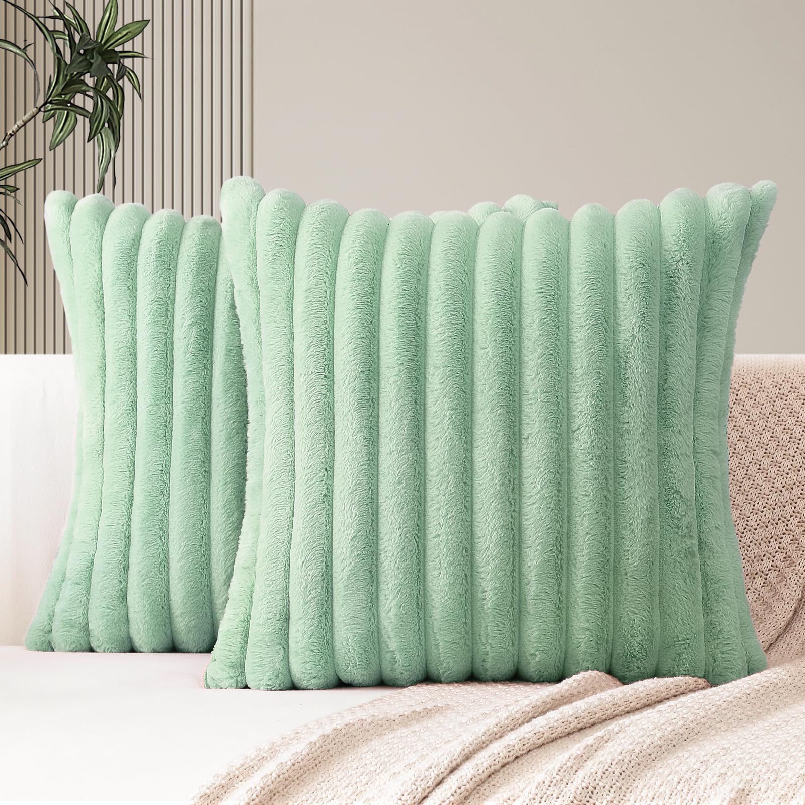 JOTOM Set of 2 Double-Sided Faux Fur Plush Cushion Covers 45x45 cm Soft Striped Decorative Throw Pillow Covers Square Cushion Case Home Decor Pillow Cases for Couch Sofa Bed 18x18 Inch (Sage Green) — image 1