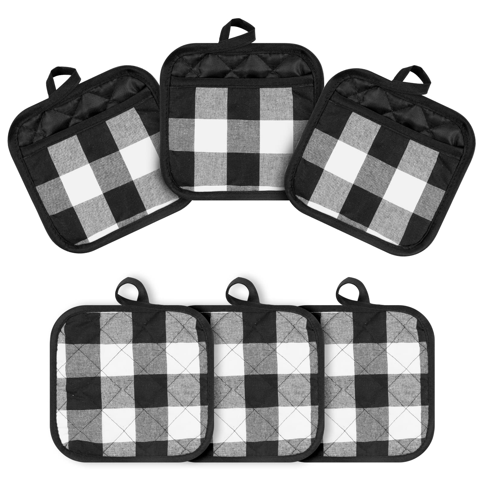 Whaline 6pcs Buffalo Plaid Hot Pot Holders Cotton Hot Pad with Pocket Reusable Heat Resistant Oven Mint for Kitchen Cooking and Baking (White Black)