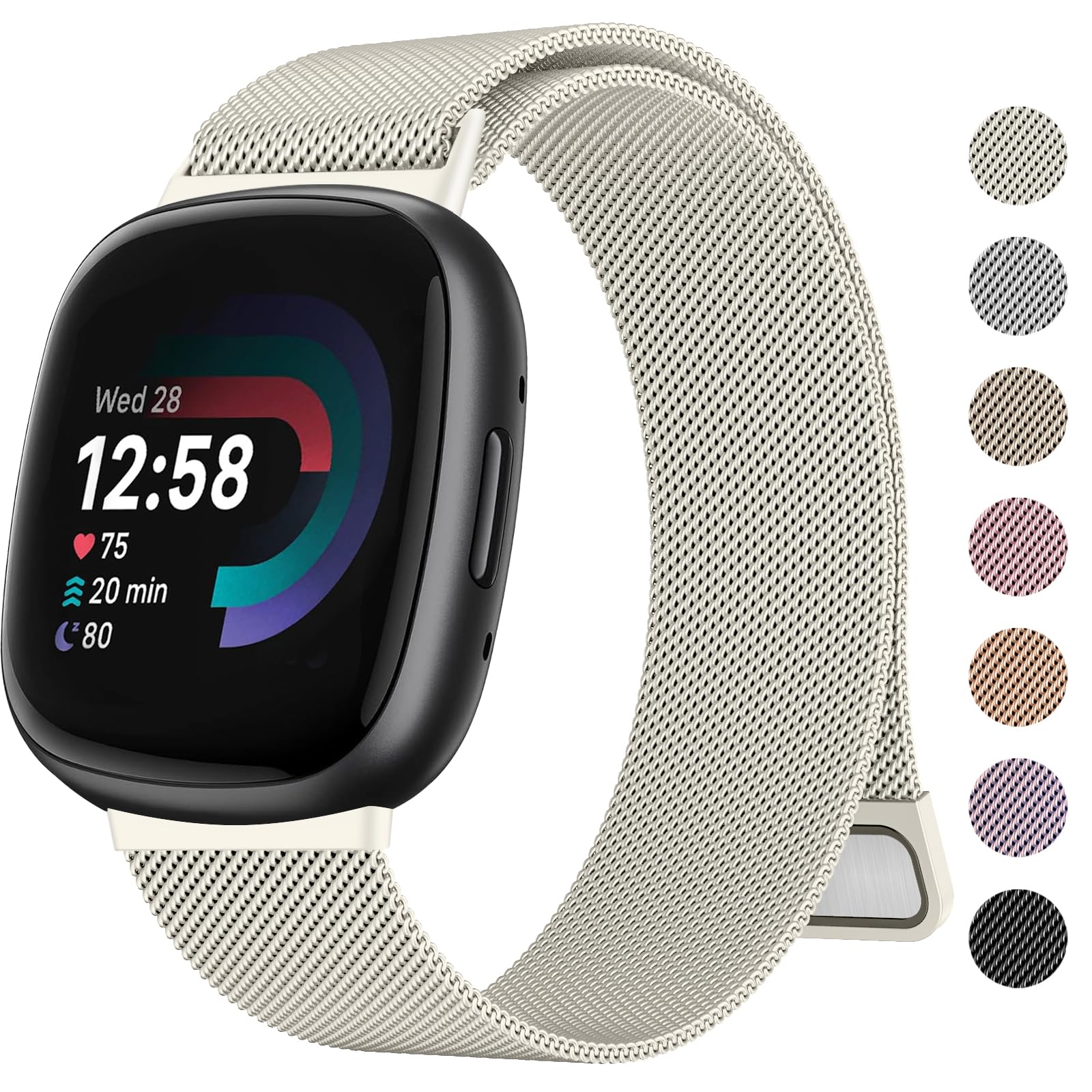 Tobfit Metal Strap for Fitbit Sense/Sense 2/Fitbit Versa 4/Versa 3 Straps for Women Men, Stainless Steel Mesh Loop Adjustable Wristband Replacement Strap (Starlight, Small for 140mm - 215mm wrists)