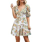 hibahaby Women's Mini Dresses Patchwork Spring V Neck 3/4 Puff Sleeve Dress Flowy Sundress