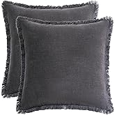 AmHoo Pack of 2 Linen Pillow Covers with Tassels Fringed Decorative Rustic Natural Throw Pillowcase Cushion for Couch Sofa Bedroom 18 x 18-Inch Dark Grey