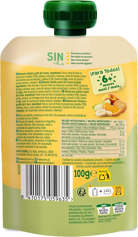 Hero Solo Bolsitas Multifrutas con Galletas Bebé Desde 6 Meses, 18 x 100 g