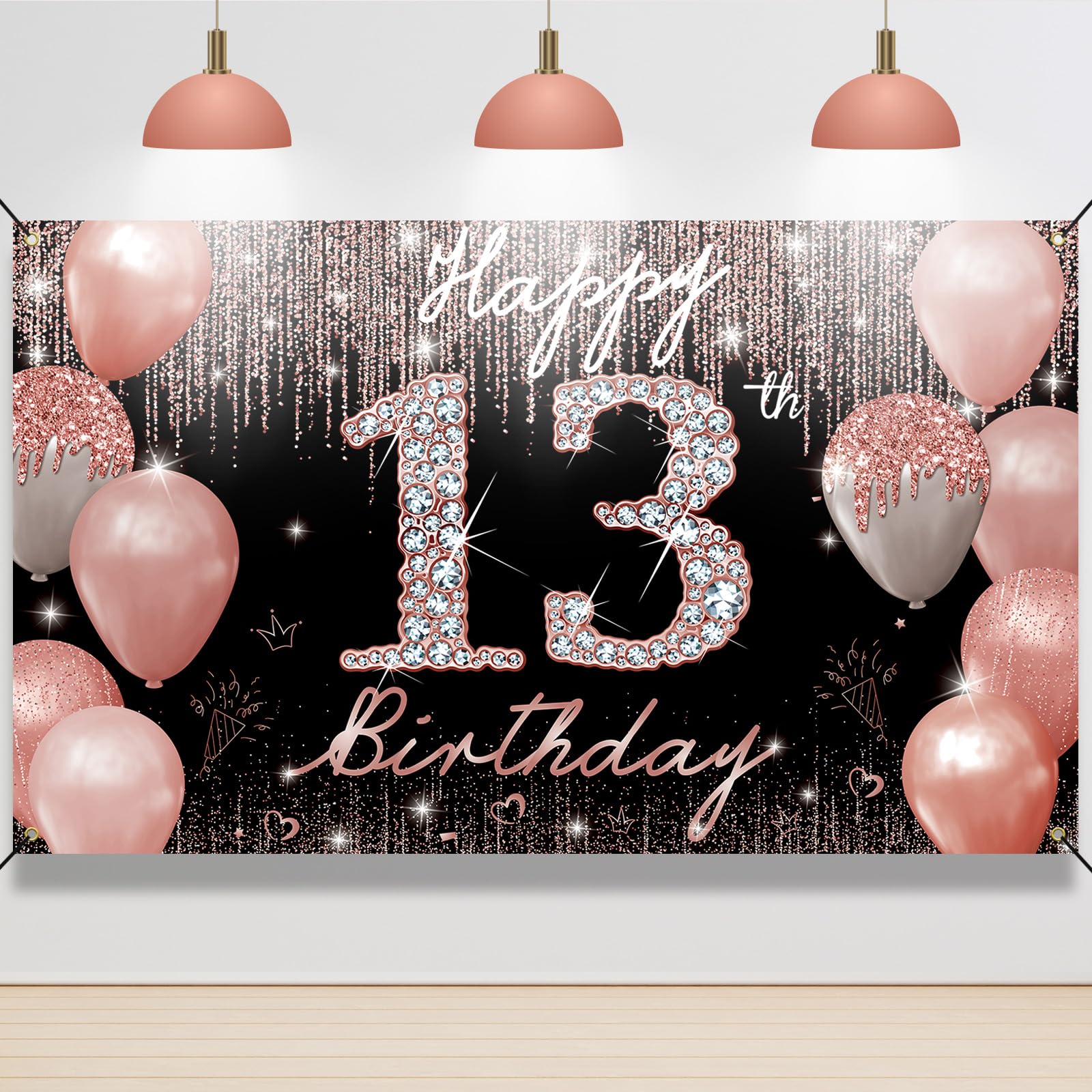 Photo 1 of 13th Birthday Decoration for Girls, Happy 13th Birthday Backdrop Banner Rose Gold, Sweet 13 Year Old Birthday Party Yard Sign Photo Booth Props Decor Supplies, Sturdy, Vibrant Colors, Fabric, PHXEY
