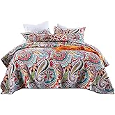 Qucover Cotton Quilt Set, Queen Size, Multicolor Paisley, Boho Style, Soft Lightweight Coverlet with 2 Pillow Shams, 90x98 Inches