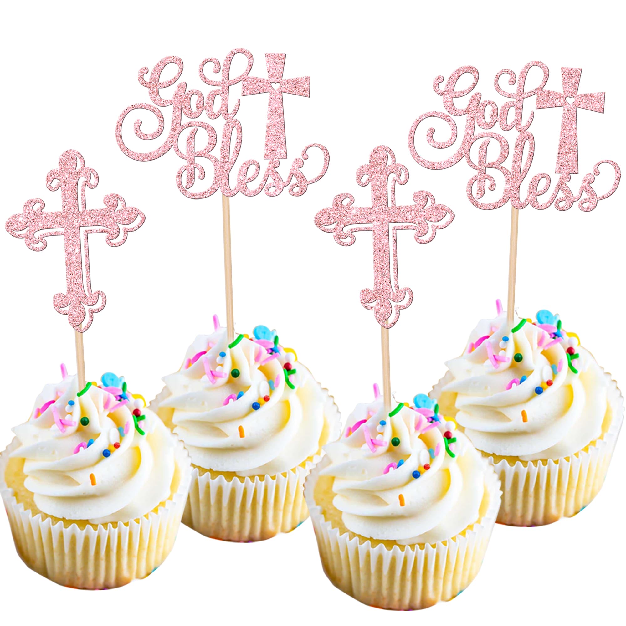 Xsstarmi 24 Pack God Bless Cupcake Toppers Glitter Cross Baptism Cupcake Picks Decoration for Christian First Communion Baby Shower Birhday Party Cake Decorations Supplies Pink