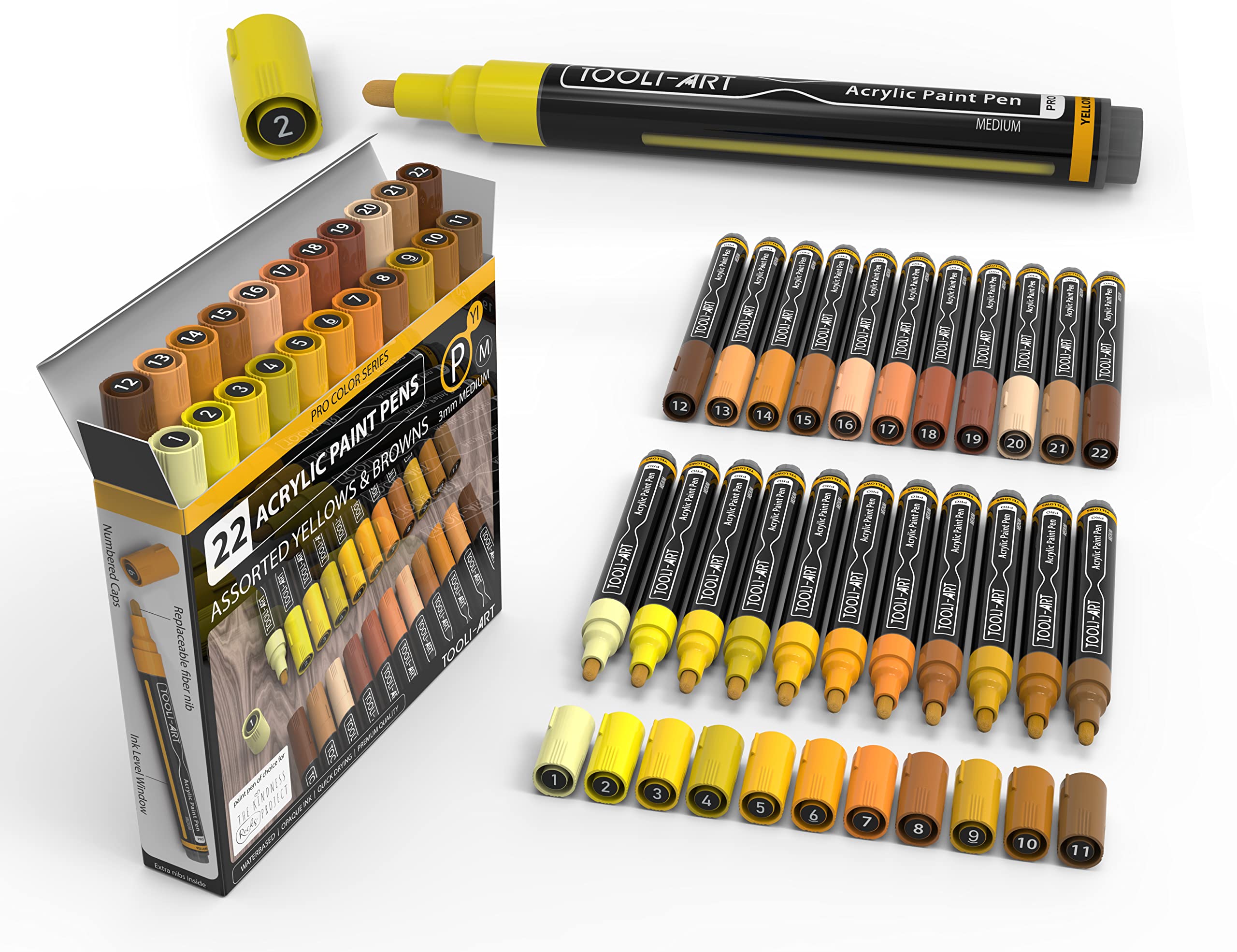 TOOLI-ART 22 Acrylic Paint Markers Paint Pens Pro Color Series Set 3mm Medium Tip for Rock Painting, Glass, Mugs, Wood, Metal, Glass Paint, Canvas, DIY. Non Toxic, Waterbased, Quick Drying (YELLOWS)