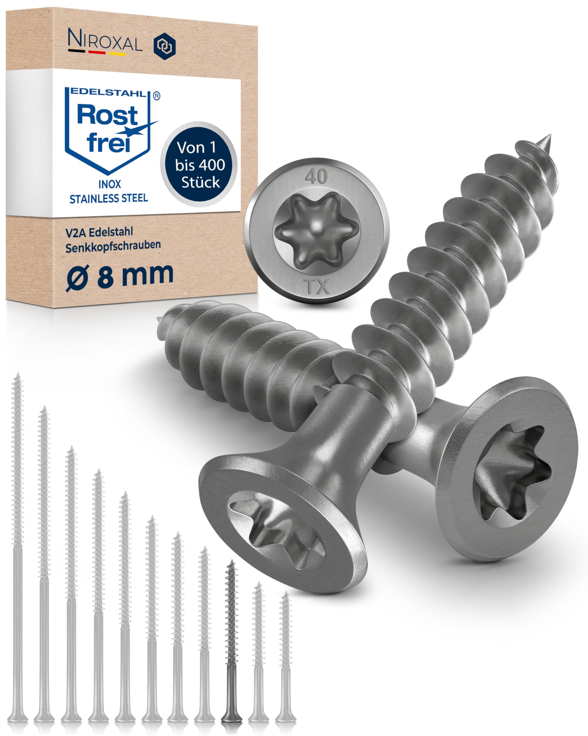 Wood Screws 8 x 70 mm Stainless Steel 304 TORX Countersunk Head Chipboard Screws Timber Screws Partial Thread A2 50 Pack