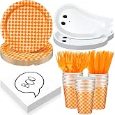 Yungyan 144 Pcs Halloween Paper Plates and Cups Ghost Plates Boo Napkins | Orange Halloween Party Tableware Set with Forks and Knife for Spooky Birthday Party Decoration Boo Baby Shower