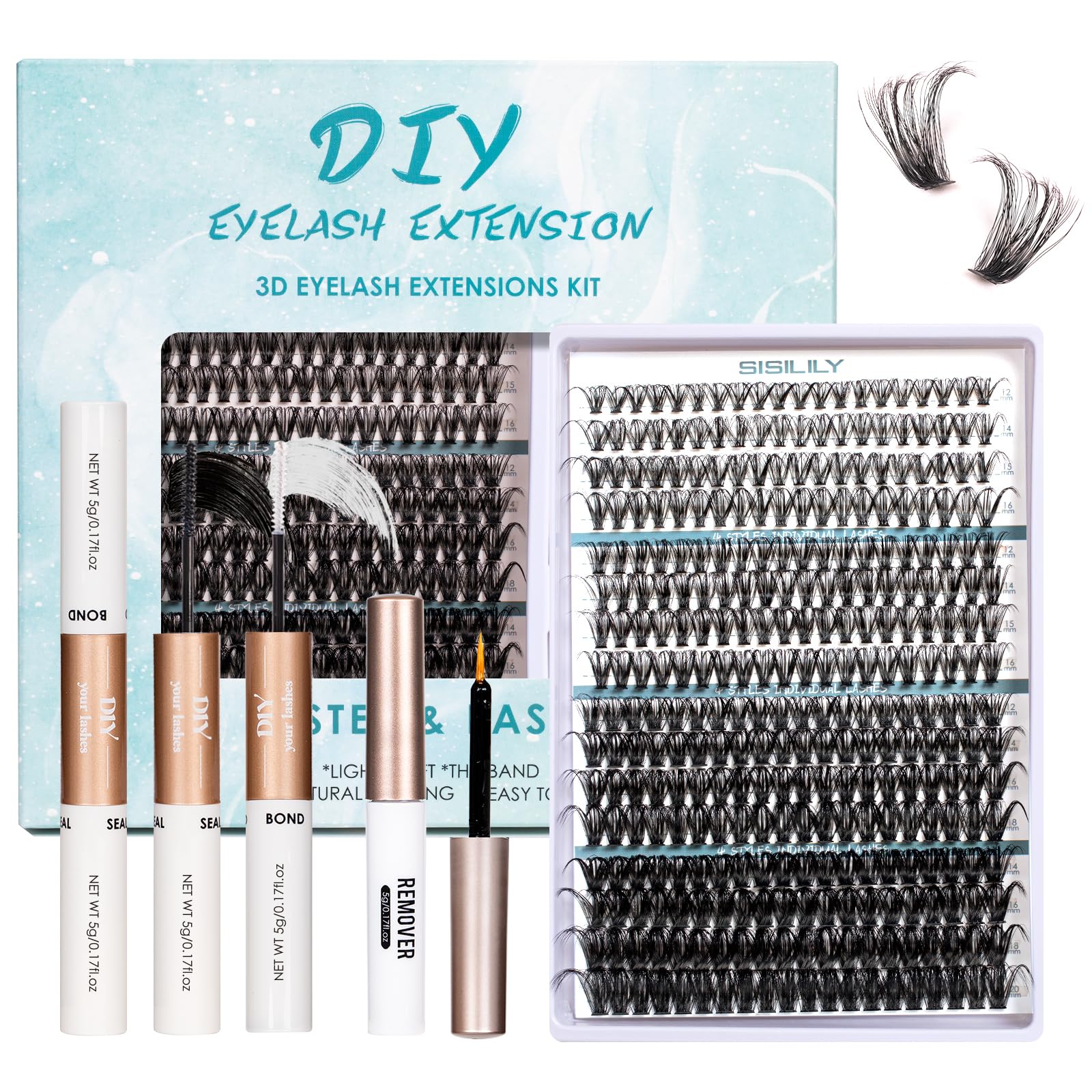 SISILILY Fluffy Individual Eyelashes Kit - 320Pcs Mixed Length Lash Clusters (12-20mm) Russian D Curl Lashes DIY Lash Extension Set with Bond & Seal Natural Volume Cluster Lashes for At-Home Use — image 1
