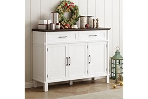 ONBRILL 48 Inches Buffet Cabinet with Storage, Farmhouse Sideboard Buffet w/2 Drawers and 3 Doors, Wood Coffee Bar Cabinet with Adjustable Shelves, Sideboard Storage for Kitchen, Living Room, Off White