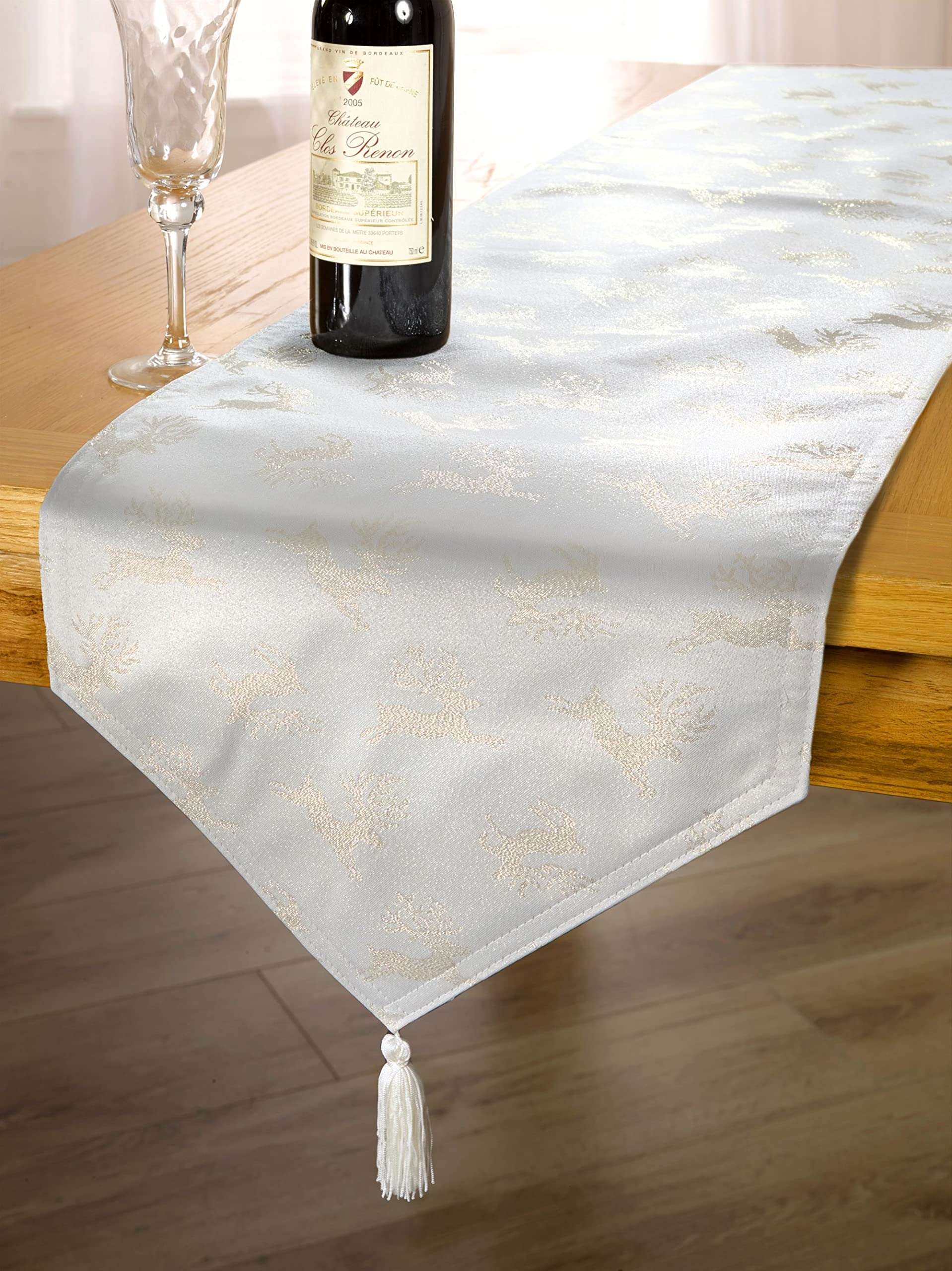 Emma Barclay Christmas Table Runner, Rectangular Machine Washable Xmas Dining Runner in Cream with Gold Reindeer Design - 13x72 Inch (33x183cm)
