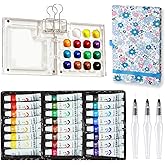 MUZMDNI Mini Portable Watercolor Palette Set-Grid Paint Box with Binder Clips Include 24 Colors Paint - Brush*3 and Picture Album Art Materials Coloring Markers for Travel, Creative Drawing Kit for Beginners and Art Enthusiasts(Blue Acrylic-L)