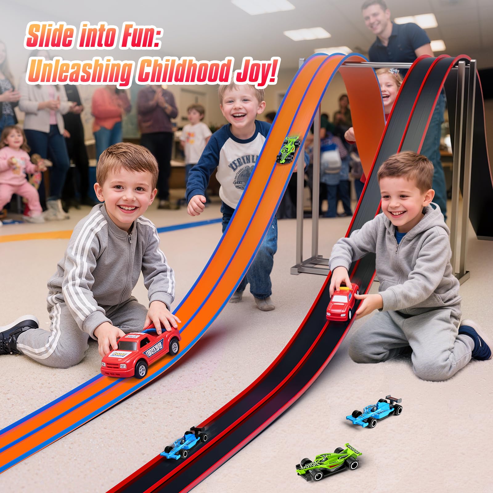 Flex Track 15 Ft Portable Flexible Race Car Track with Strong Suction Cups – Compatible with Hot Wheels & 1/64 Diecast Cars–Easy Storage, Indoor & Outdoor Play Flexible Car Tracks for Kids（Blue）